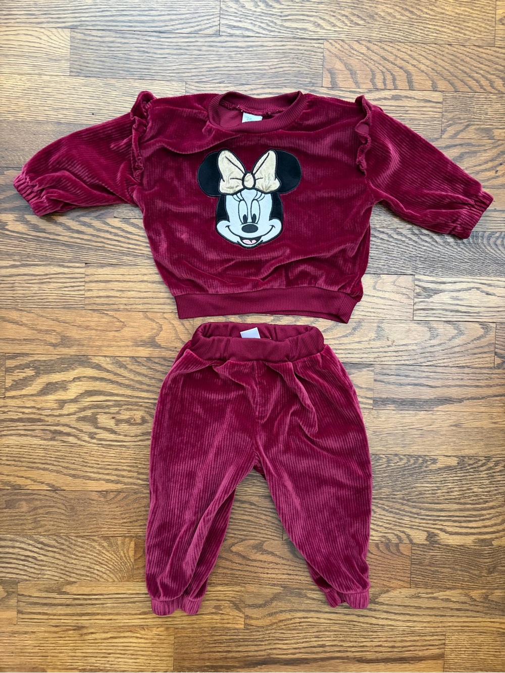 Disney Baby Girl Minnie Mouse Dark Red Velour Matching Outfit Set Velour Ruffle